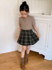 DAZY 少女格子印花高腰休闲百搭迷你裙 - 棕色 - 查看 5