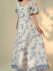 DAZY Women's Graphic Print Round Neck Puff Sleeve Elegant Dress - Blue - View 7