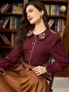 Vintamour Áo sơ mi nữ cỡ lớn kiểu dáng cổ điển thanh lịch thêu hoa, cài nút, thích hợp cho công việc, kỳ nghỉ, mùa đông, Giáng sinh, Lễ Tạ ơn và Năm mới. - Màu Đỏ Sâu - Xem 4