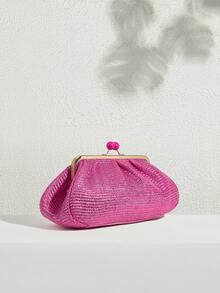 SHECARRY 女士手拿包，草编包，草编手提包，亮粉色，时尚，优雅，简约，个性化，百搭，经典，适合海滩、度假、假日、夏季、海边、沙滩派对 - 玫紅金屬 - 查看 2