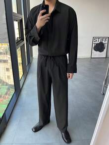 DAZY 男士春季黑色单排扣长袖衬衫长裤套装，商务休闲风