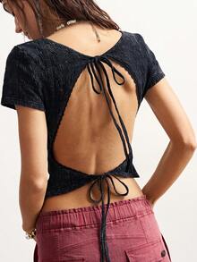 Bohemela 休闲纯色针织短袖露背修身短款女式T恤 - 黑色 - 查看 6