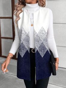 EMERY ROSE 浪漫休闲蓝白渐变菱格几何印花加大码女式外套，女士背心外套，蓝白大衣，新年，办公，外衣 - 彩色 - 查看 5