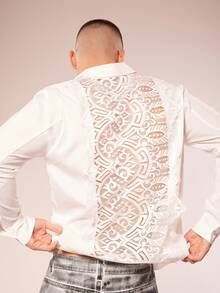 FeverCity Men's Autumn/Winter Long Sleeve Shirt With Lace Cutout Back Panel - White - View 6