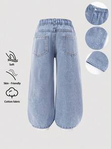 女童牛仔裤，中度水洗蓝色，街头休闲度假风，Y2K 设计，不规则松紧腰，基本款口袋，按扣门襟，水钻装饰，宽松直筒裤型，柔软棉质牛仔布，无弹力，适合日常穿着、通勤、外出、派对等场合，秋冬新品 - 中等水洗藍 - 查看 2