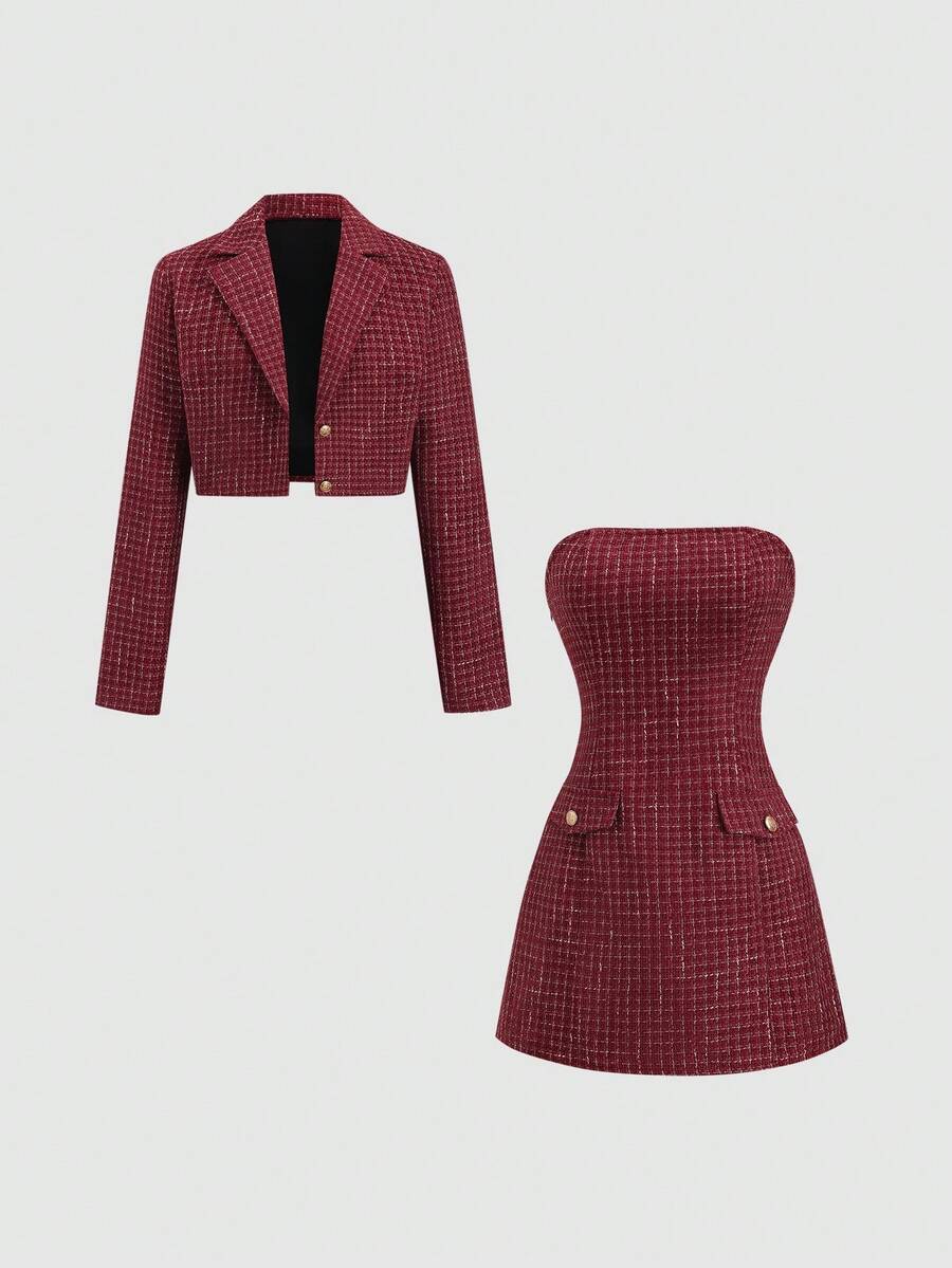 SHEIN PETITE Burgundy Plaid Blazer Jacket + Strapless Mini A-Line Dress 2 Pieces Set For Women, Autumn/Winter - Burgundy - View 1