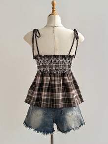 Sweetra Áo hai dây màu nâu thêu họa tiết kẻ caro cổ điển cho nữ, kiểu dáng thường ngày, thích hợp mặc vào mùa xuân/hè. - màu nâu - Xem 5