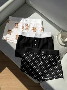 Comfortcana Bộ 3 quần short in hình gấu chấm bi retro dễ thương, đa năng, cạp chun, thích hợp cho mùa xuân/hè, mặc hàng ngày, hẹn hò, dự tiệc, đi sân bay. - Nhiều màu - Xem 5