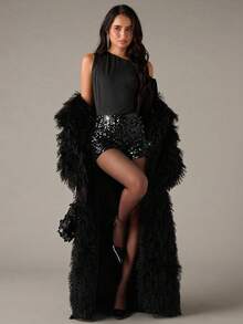 SHEIN BAE Women's Solid Color Sequin Shorts, Suitable For Glamorous Party Occasions - Black - View 3