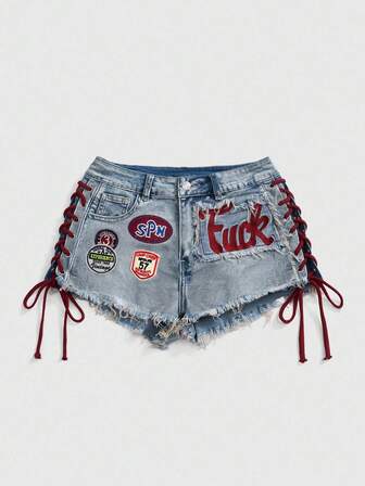 ROMWE Avant Damen Oversize Y2K Retro Jersey Sport Ballett Stil Grafik Logo Stickerei Kordelzug Taille Sexy Mini Skinny Jeans Shorts