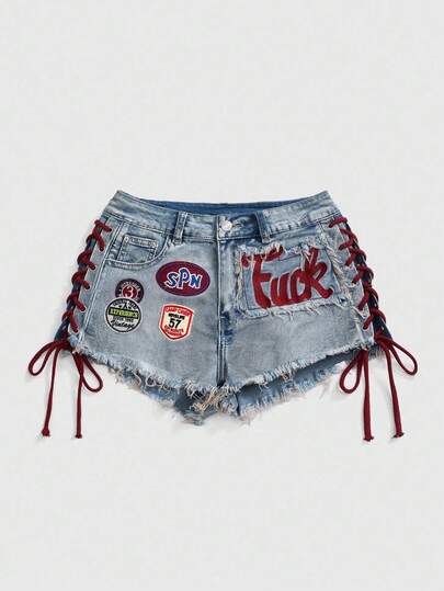 ROMWE Avant Damen Oversize Y2K Retro Jersey Sport Ballett Stil Grafik Logo Stickerei Kordelzug Taille Sexy Mini Skinny Jeans Shorts