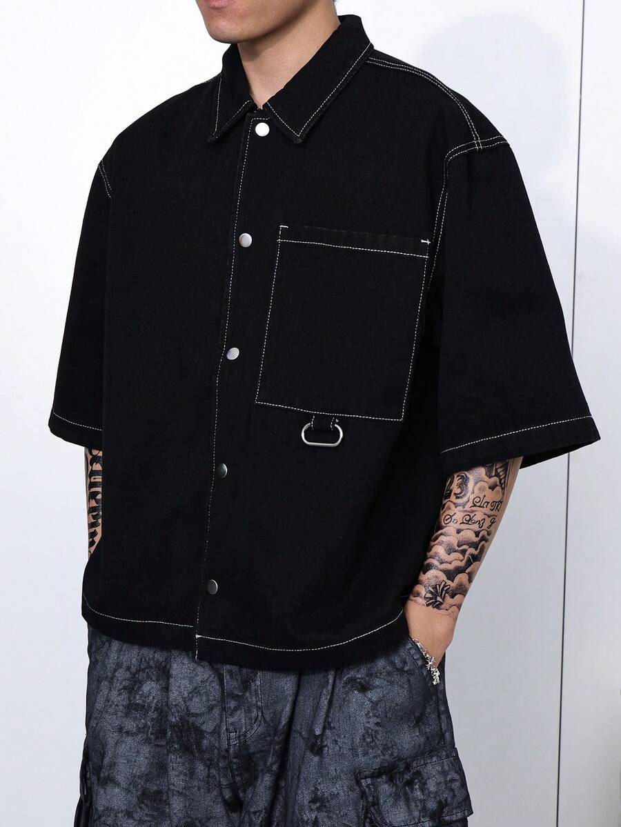 Manfinity Hypemode New Casual Black Collar Short Sleeve Jacket - Black - View 1