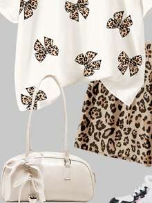 猎豹纹蝴蝶结图案T恤和短裤两件套，休闲简约圆领短袖T恤和短裤，适合春夏日常穿着，少女轻松舒适，休闲时尚，返校季必备，休闲风格，轻松别致 - 彩色 - 查看 6