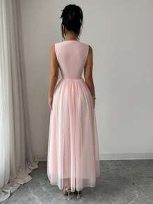 SHEIN Elenzya Đầm nữ dáng chữ A thắt eo, chất liệu lưới phối nhiều lớp, thích hợp cho Giáng sinh, ngày lễ, thanh lịch, đi làm hàng ngày, thời trang đường phố Pháp cổ điển, đa năng, năm mới, công sở, màu hồng không tay; Trang phục nữ duyên dáng cho kỳ nghỉ hè, ngày Valentine. - Hồng - Xem 2