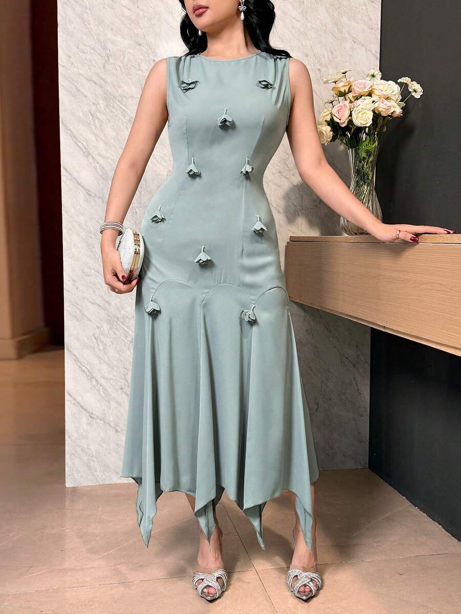 Modelyn 女士优雅纯色3D立体花卉装饰不对称下摆连衣裙 - 薄荷綠 - 查看 1