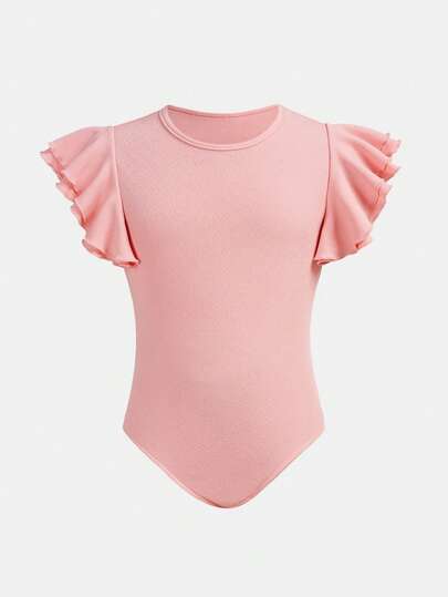 SHEIN Girlism Tween Girl Solid Color Knit Fitted Jumpsuit With Flutter Sleeves