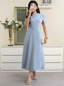 Modelyn Women's Elegant Solid Color Waist Cinched Mid-Length Dress, Summer - Blue - View 6