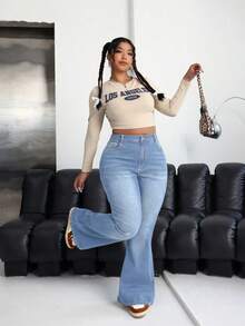 SHEIN ICON Quần jean ống loe dáng rộng, màu sáng, cỡ lớn, kiểu dáng thường ngày. - Rửa nhẹ - Xem 5