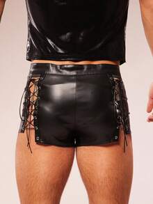FeverCity Men's Street Fashion PU Lace-Up Shorts - Black - View 2
