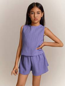 Radiana 2件套青少年女孩休闲纹理面料蝴蝶结背心上衣和短裤套装 - 淺灰紫 - 查看 3