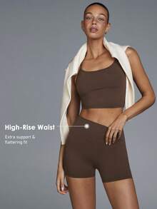 Menodora SHEIN Sport 一套纯色露背吊带上衣和短裤，瑜伽/健身服 - 咖啡棕 - 查看 4