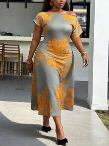 Slaydiva Đầm maxi dáng chữ A ôm sát, vai bất đối xứng, eo nhún, in hoa, chất liệu vải dệt kim, cỡ lớn, thích hợp cho mùa Xuân/Hè, thanh lịch, dự tiệc, hẹn hò, tụ họp, lễ hội, tiệc sinh nhật, mùa cưới, mùa tốt nghiệp, dạ hội, lễ hội âm nhạc, đêm hội con gái, buổi tối hẹn hò. - Nhiều màu - Xem 2