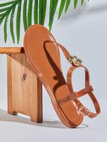 SHUZIA Women Comfy Vacation Metal Decor Ankle Strap Clear Jelly Flat Sandals - Maroon - View 7