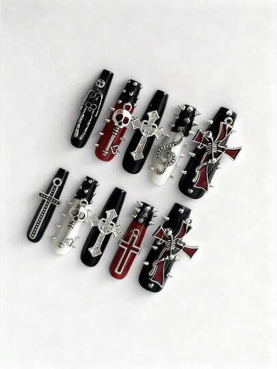 ROMWE Goth 10 piezas de remaches de estilo punk para usar como armadura + 3 piezas de cinta adhesiva doble cara para arte de uñas, arte de uñas hecho a mano de alta calidad en estilo retro con decoraciones de calavera metálica, estrellas, cruces y notas musicales, piezas falsas de uñas trapezoidales largas que se pueden reutilizar en todas las estaciones, adecuadas para uso diario y fiestas de baile