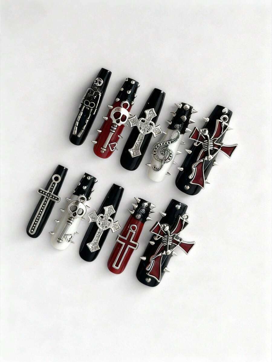 ROMWE Goth 10片朋克风铆钉假指甲+3片美甲双面胶带，深色高品质手工美甲，复古金属骷髅头、星星、十字架、音符装饰，长款梯形假指甲，四季皆宜，适合日常佩戴、舞会等场合。 - 紅黑 - 查看 1