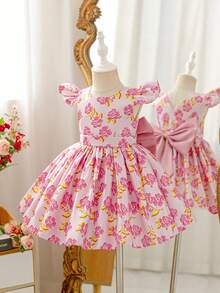 Glamorique Kids Mädchen Blumen Muster V-Rücken Satin Kleid mit 3D Schleife, elegantes aufgeblähtes Prinzessin Partykleid für Blumenmädchen, Hochzeit, Bankett - Pink - Übersicht 8