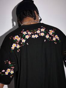 ROMWE MEN Street Life Camiseta de manga corta casual y versátil con cuello redondo y bordado floral para hombre - Negro - Ver 8