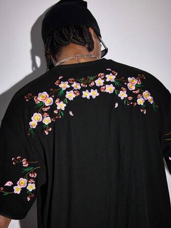 Street Life Maglietta casual a maniche corte da uomo con ricamo floreale e collo rotondo, versatile