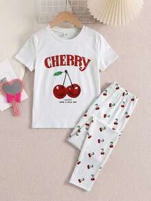 SHEIN Tween Girl Cartoon Print Snug Fit Short Sleeve & Long Pants 2 Pieces Casual Knit Pajama Set - Multicolor - View 2