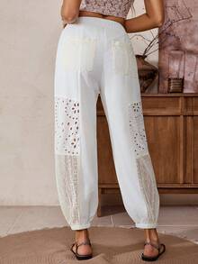 LanaWest Western Style Lace Patchwork Hollow Out Ankle-Tied Versatile Women's Pants, Spring/Summer - White - View 1