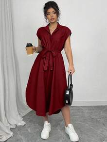 Elenzga Plus Size Women's Elegant Alice Fabric Shirt Collar Raglan Sleeve Waist Tie Bow Wooden Button Spring/Summer New Versatile Casual Club Fashionable Design Dress - Burgundy - View 5