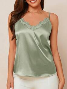 Amorya Áo hai dây nữ màu xanh satin thanh lịch với cổ áo ren, đa năng cho mùa xuân/hè hoặc mặc lót bên trong áo khoác vào mùa thu/đông. - Màu xanh Bạc hà - Xem 3