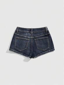 ROMWE Avant Quần short denim phong cách cổ điển Y2K, cạp siêu thấp, gợi cảm, họa tiết sinh vật biển, đính sequin và thêu. - Màu xanh lam - Xem 2
