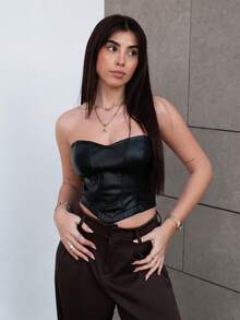 Hitanina Fashionable Sexy Solid Color Cropped Bandeau Top - Black - View 3