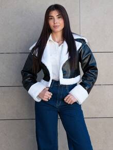 Hitanina 秋冬泰迪内衬短款PU皮夹克 - 黑色 - 查看 5