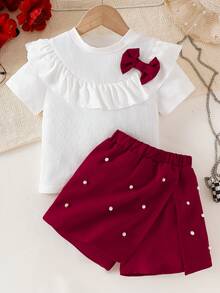 Conjunto de top de punto acanalado con volantes y falda-pantalón corta con abertura y lazo con perlas para niñas - Burdeos - Ver 7