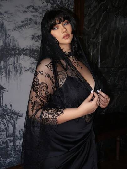 Lyrianda Plus Size Women's Satin Lace Patchwork Hollow Out Midi A-Line Black Waist Dress, Elegant Vintage Casual Cocktail Party Maxi Dress + Lace Trim Shawl Two Pieces Set