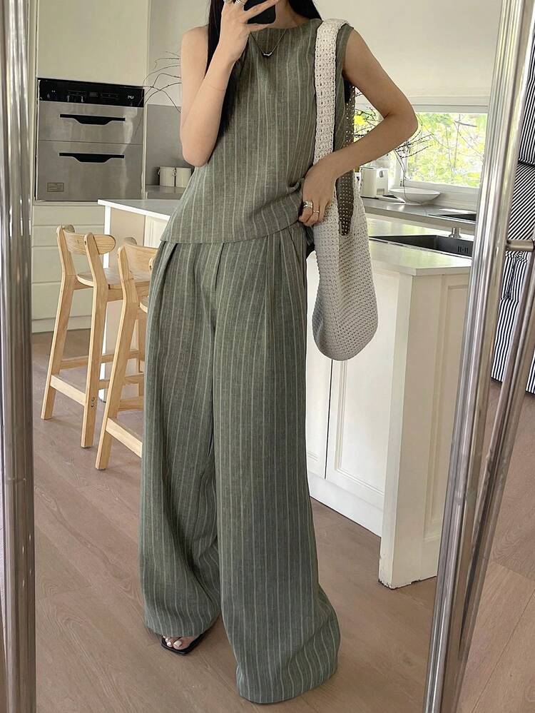 Women's Striped Crew Neck Sleeveless Top And Wide Leg Pants Set, Suitable For Study And Daily Wear Summer