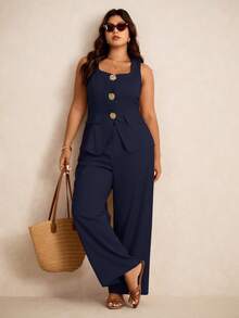 Elaquor Plus Size Floral Decor Square Neck Sleeveless Top And Pants 2 Pieces Set - Navy Blue - View 3