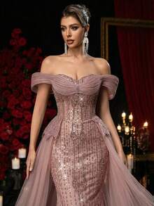 Glamrae 优雅奢华的串珠亮片花卉露肩鱼尾长裙，配以蓬松薄纱（大量装饰） - 藕粉色 - 查看 2