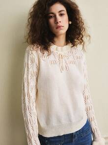 Écloséra Early Spring New Arrival French Romantic Fashionable Versatile 3D Hollow Floral Pattern Ruffle Collar Loose Bow Tie Ruffle Cuff Women Long Sleeve Pullover Sweater