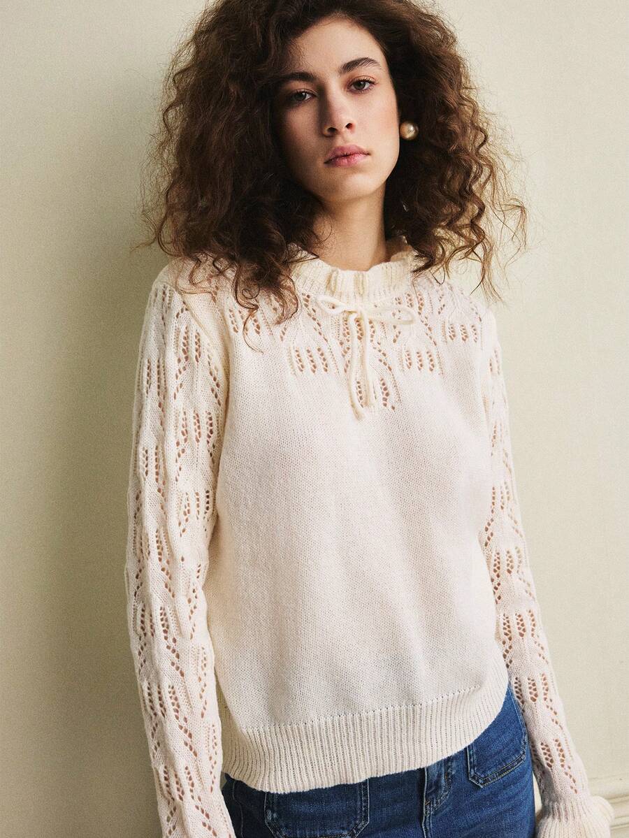 Écloséra Early Spring New Arrival French Romantic Fashionable Versatile 3D Hollow Floral Pattern Ruffle Collar Loose Bow Tie Ruffle Cuff Women Long Sleeve Pullover Sweater