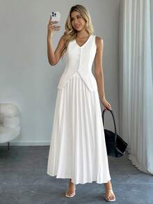 Easowa White Pleated Women's Suit Set, Vest And Pleated A-Line Skirt, Suitable For Elegant Commuting, Business Commuting, Wedding Guest Attire, Spring/Summer - White - View 2