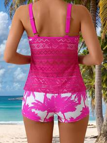 SHEIN Swim Lushore Bộ bikini 2 mảnh dành cho nữ, gồm áo hai dây và quần short in hình cây dừa chuyển màu, thích hợp mặc mùa hè. - Nhiều màu - Xem 2