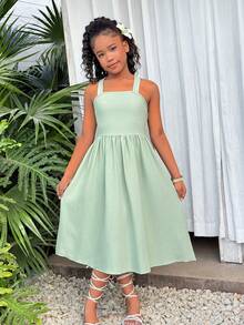 SHEIN Girls' Gray-Green Backless Bow Tie Princess Dress, Spring Style, Waist Cinched, Suitable For Party, Banquet, Birthday Occasions - Green - View 2