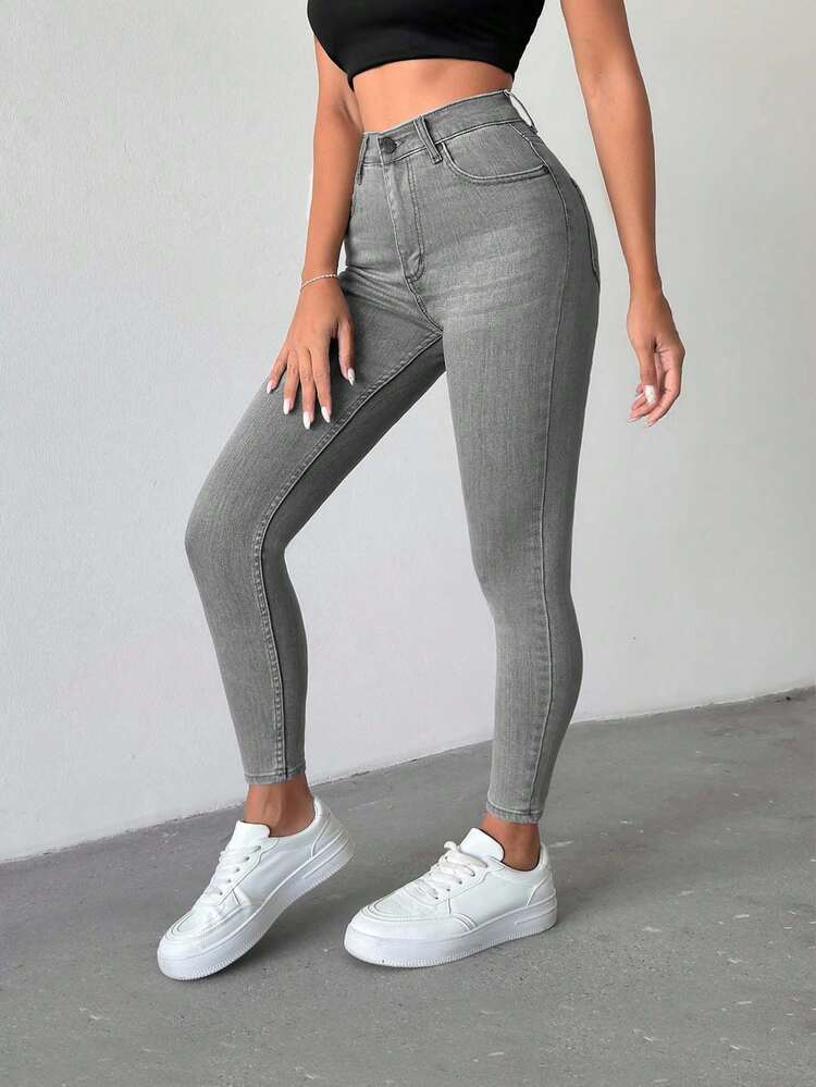 SHEIN Petite High Waist Casual Skinny Jean - Grey - View 6